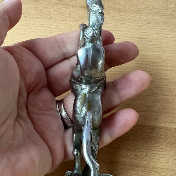 RARE VINTAGE SILVER TONE EQUESTRIAN HORSE JOCKEY CAR HOOD ORNAMENT FROM EUROPE - Picture 12 of 16